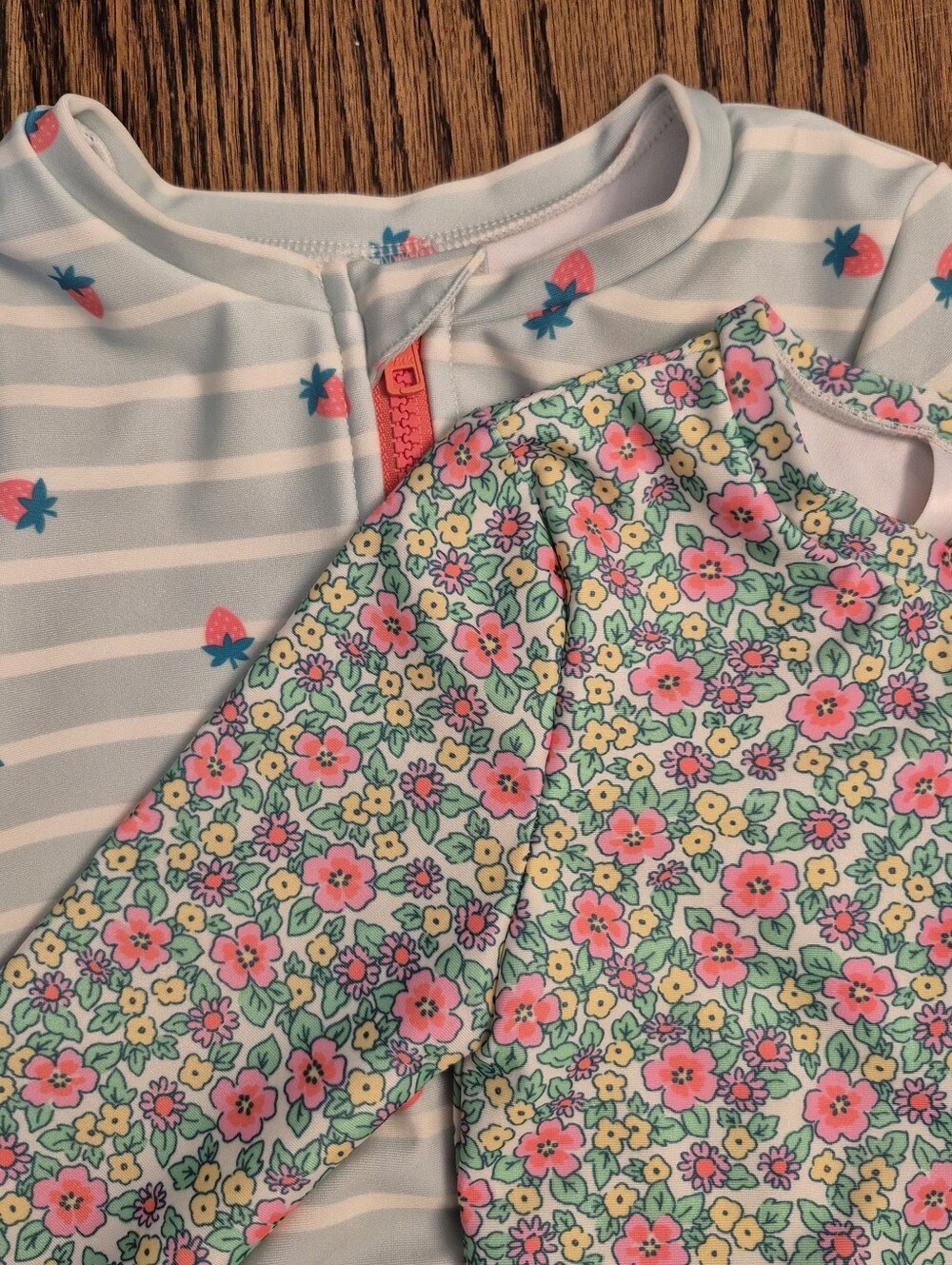 Cat & Jack Pink Zip-Front Strawberry Stripe Rashguard Set Of 2 - Picture 2 of 10